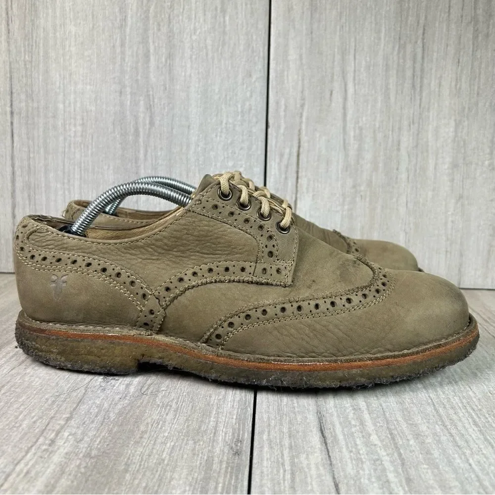 Frye Tan Olive Leather Brogue Wingtip Derby Oxford Dress Shoes Size 10 D